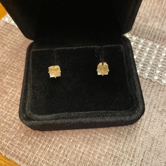 Share  14KT AQUAMARINE OPAQUE EARRINGS PRINCESS SQUARE STONES YG - Picture 3 of 6